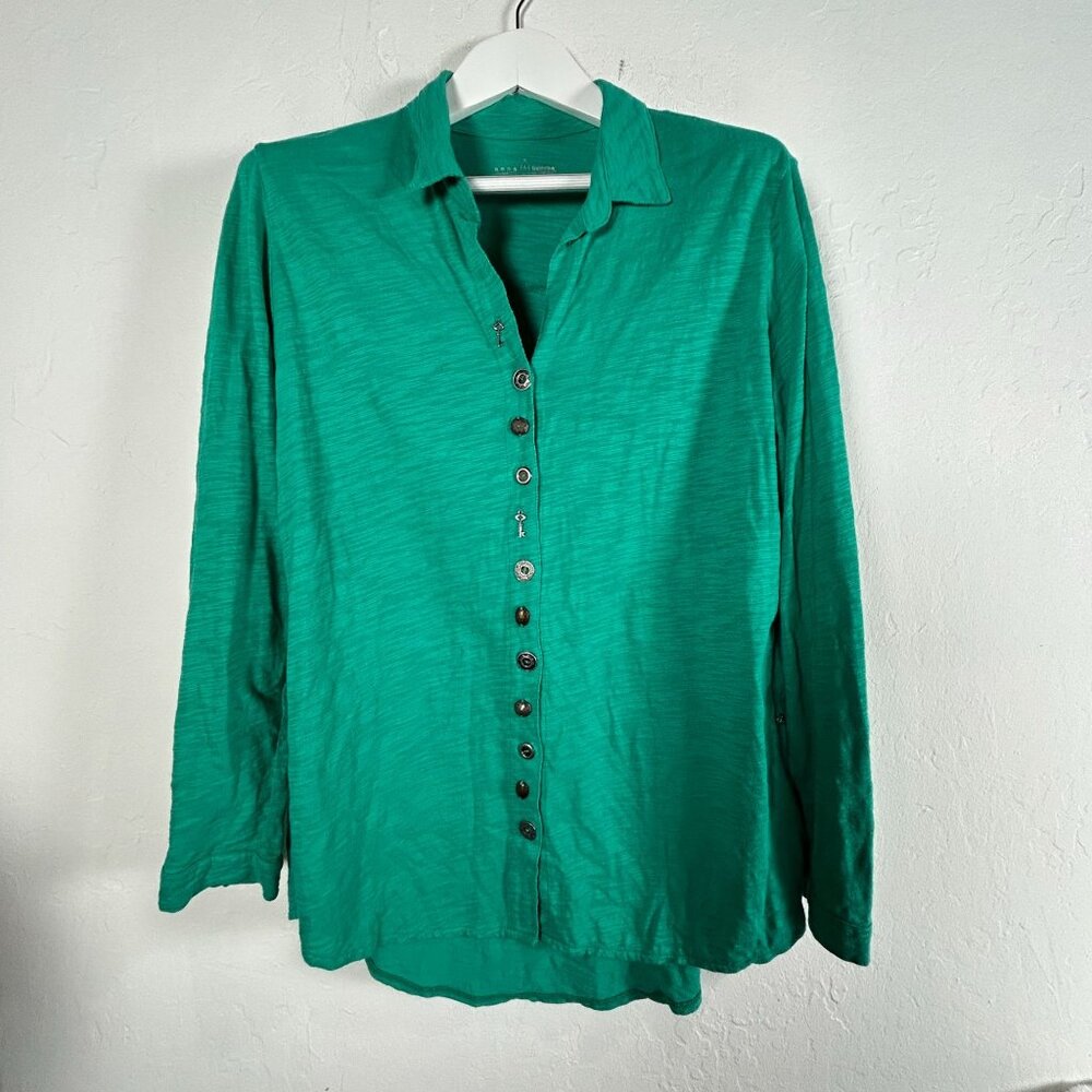 Neon Buddha Womens Green Button-Up Long Sleeve Shirt Tunic Medium Lightweight